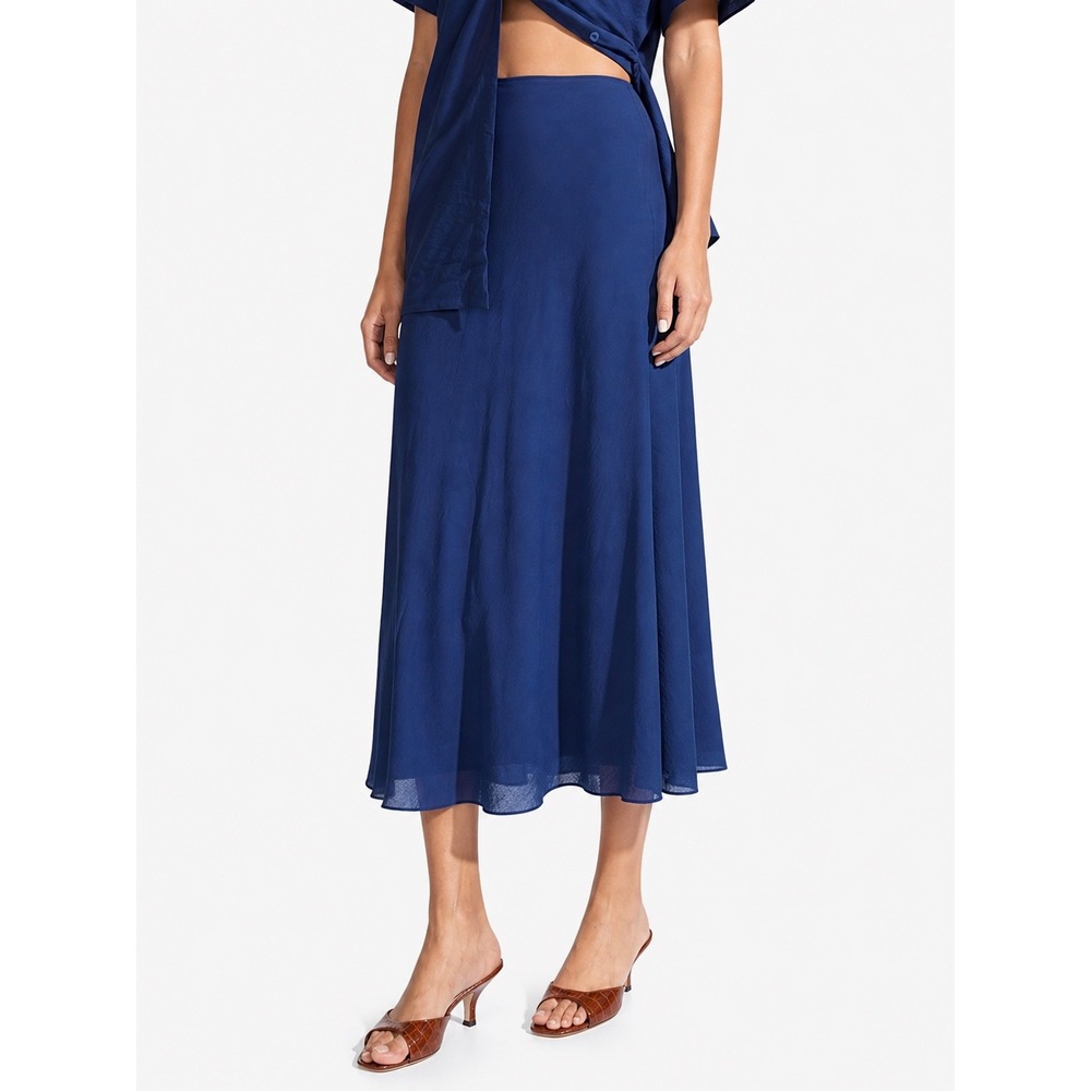 STAUD‎ Navy Spire Midi Skirt Womens Size 6 Blue Rayon Nylon Blend Lined Skirt